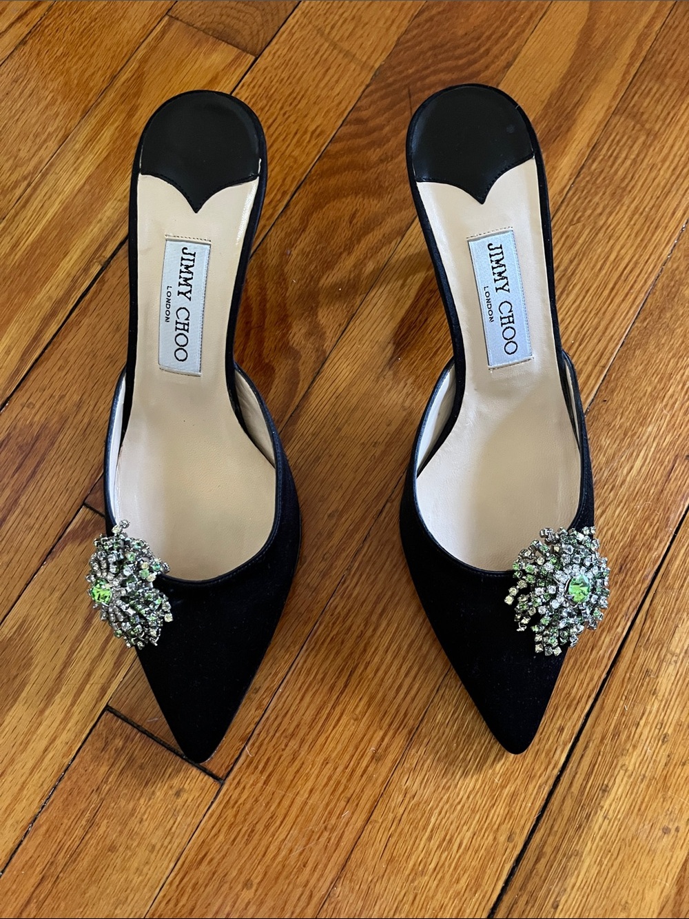 Jimmy Choo Black Pointed-Toe Mules with Green Crystal Brooch